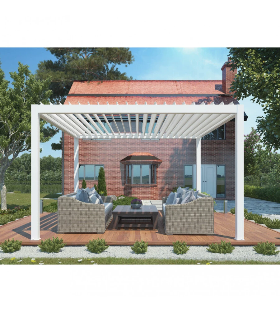 Gazebo pergola bioclimatica da esterno bianca in alluminio, con led e copertura motorizzata - 3x4x2,5 m