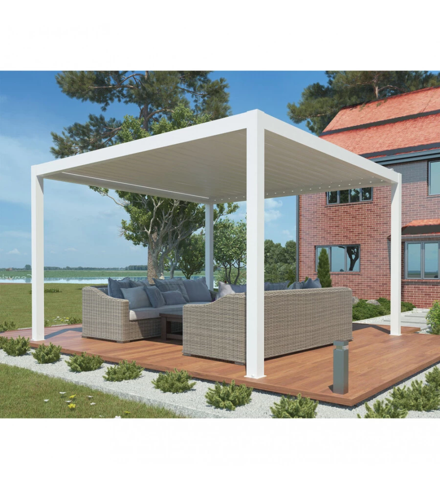 Gazebo pergola bioclimatica da esterno bianca in alluminio, con led e copertura motorizzata - 3x4x2,5 m