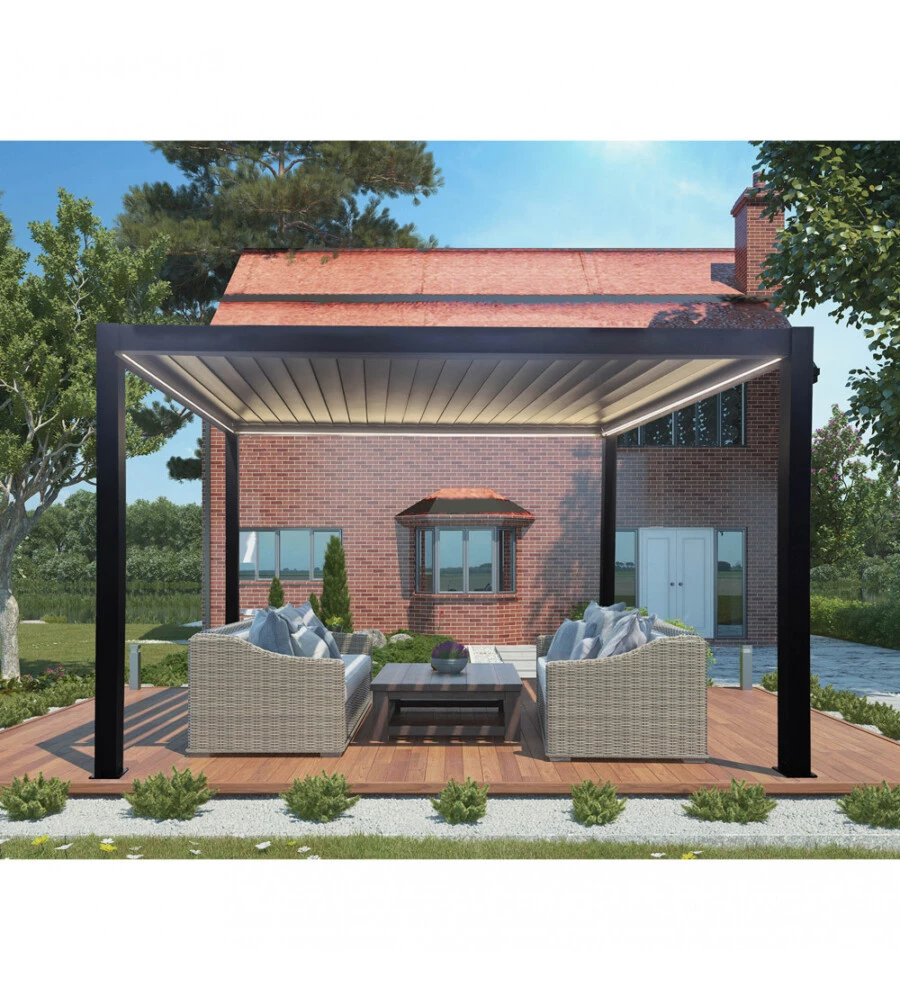 Gazebo pergola bioclimatica da esterno antracite in alluminio, con led e copertura motorizzata - 3x4x2,5 m