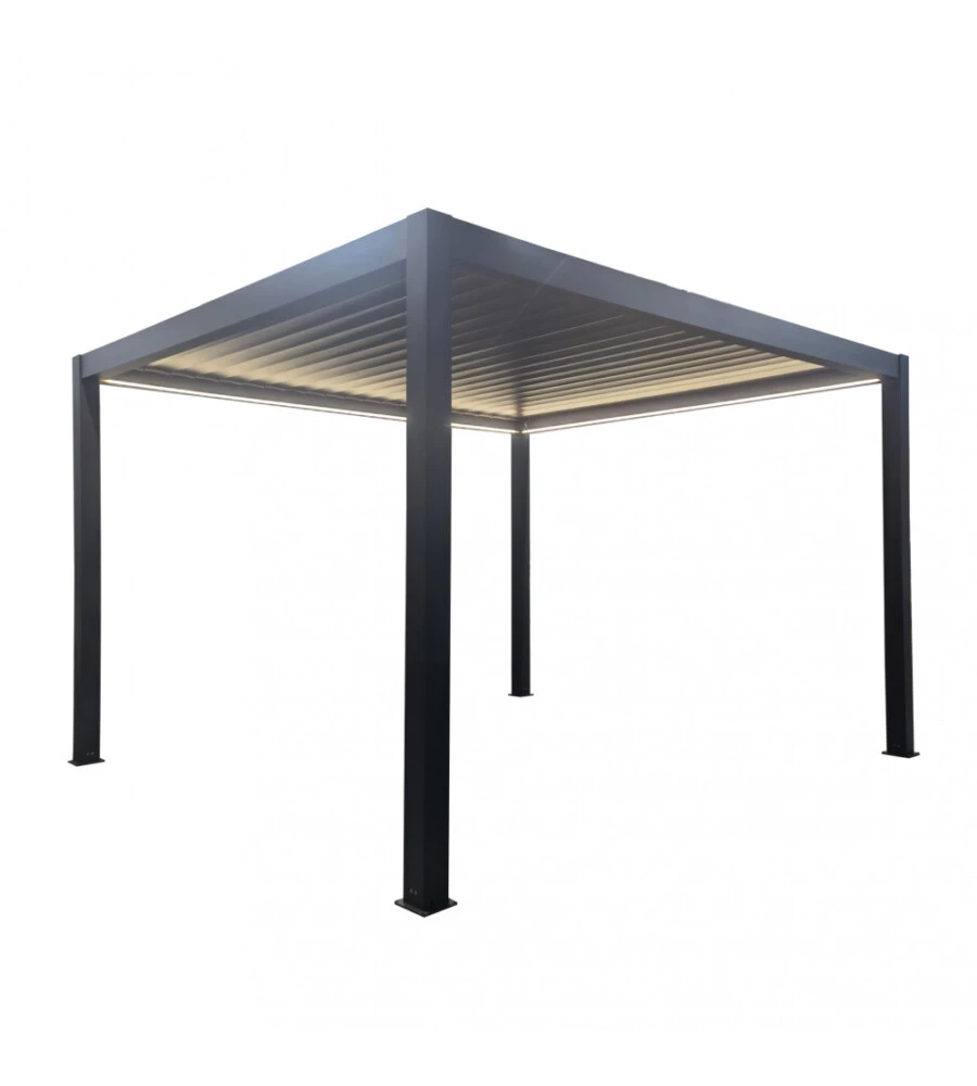 Gazebo pergola bioclimatica da esterno antracite in alluminio, con led e copertura motorizzata - 3x4x2,5 m