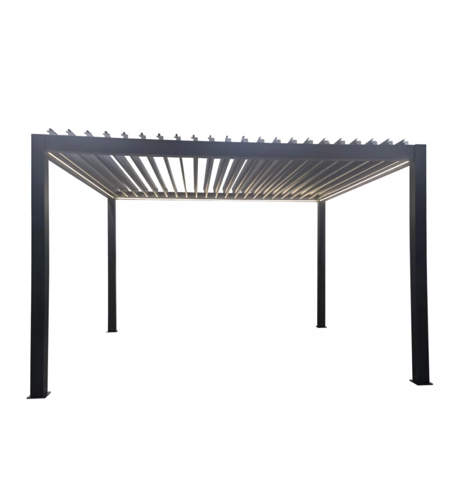 Gazebo pergola bioclimatica da esterno antracite in alluminio, con led e copertura motorizzata - 3x4x2,5 m