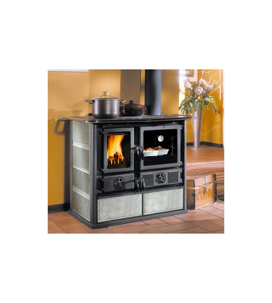 Cucina a legna la nordica + extraflame "rosa 5.0" pietra 8,8 kw