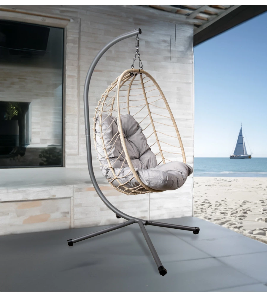 Poltrona sospesa da esterno pieghevole eurogarden in metallo e pe rattan colore grigio, 92x65x110 cm