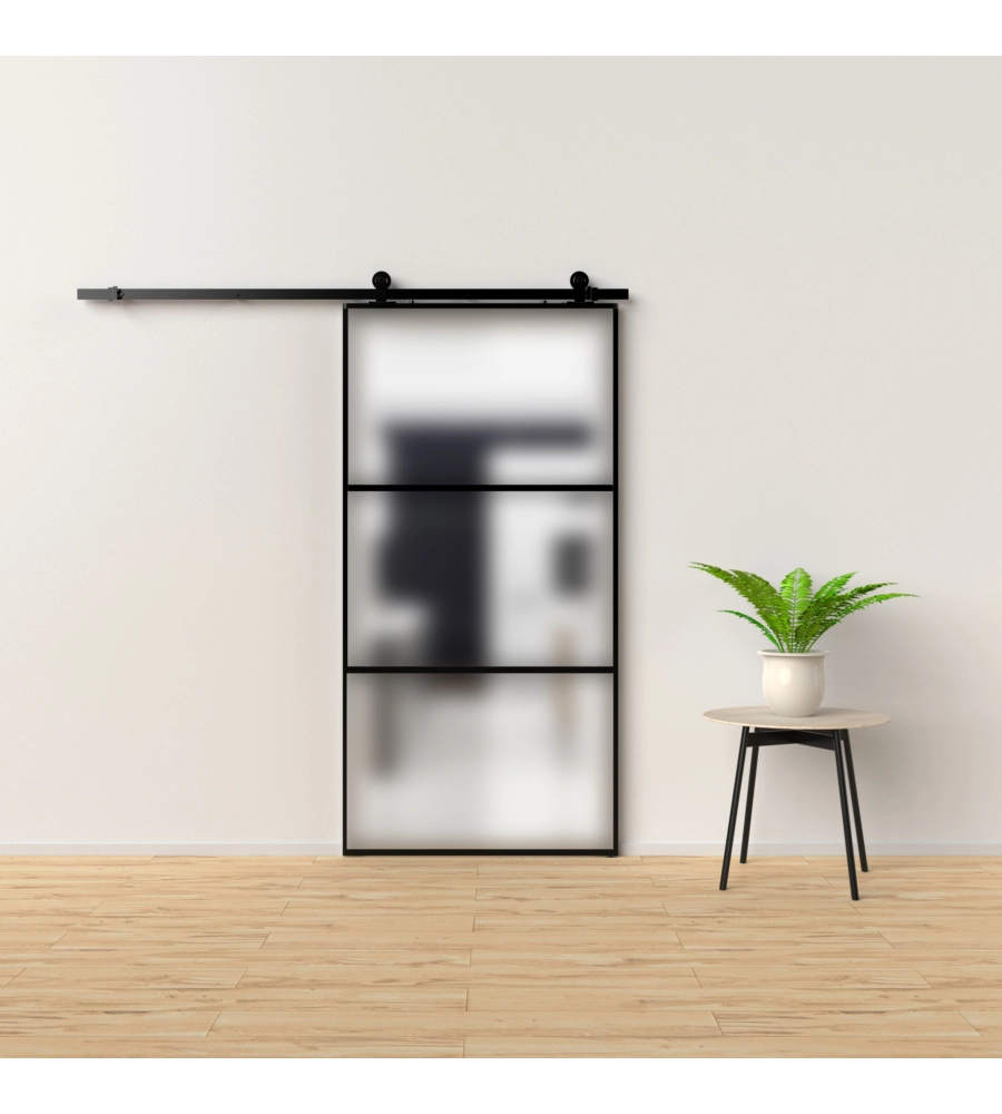 Porta scorrevole in alluminio nero e 3 sezioni in vetro satinato, 96x220 cm