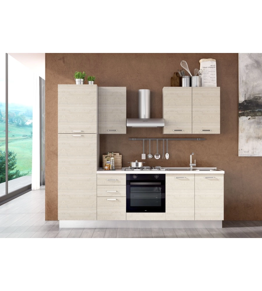 Composizione cucina completa ares con lavello a destra e piano cottura a gas, 255x60x216 cm