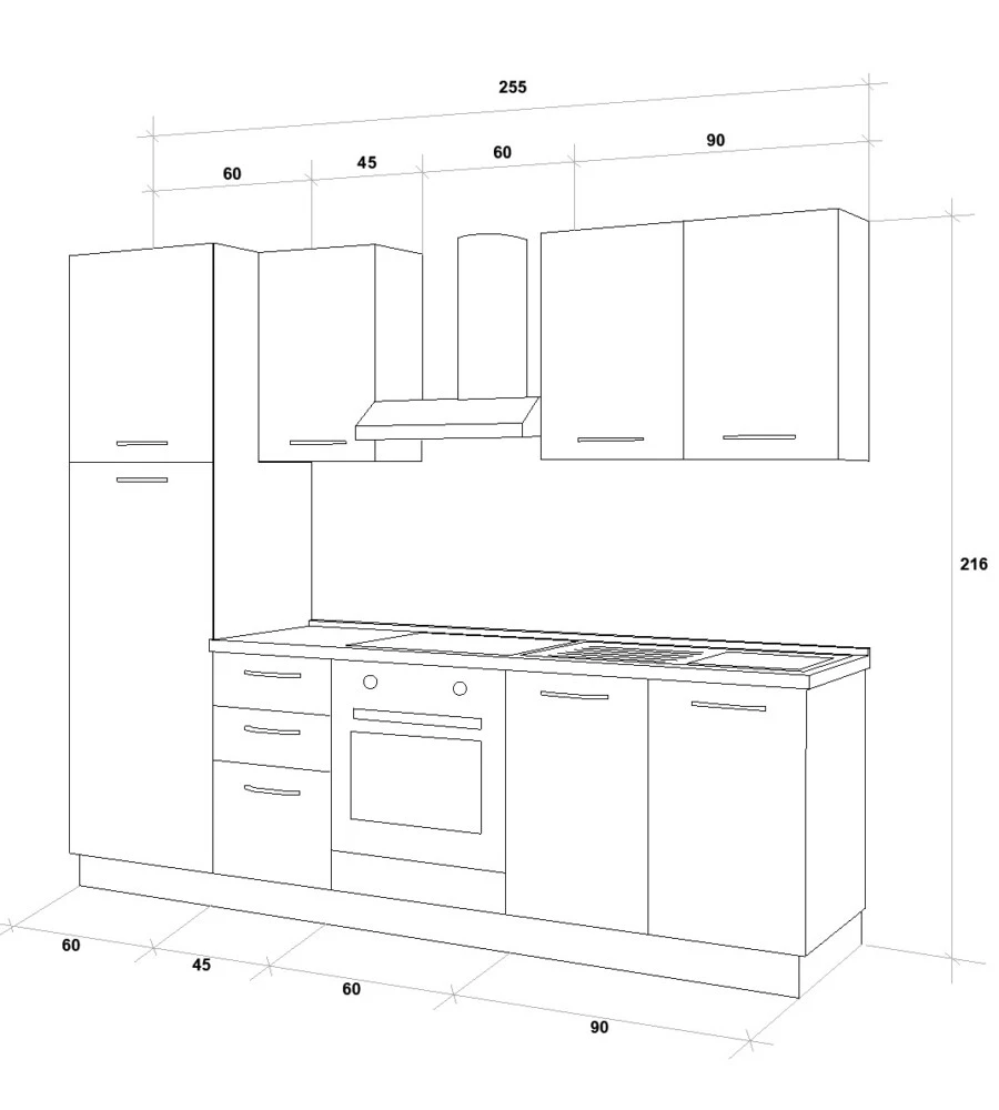 Composizione cucina completa ares con lavello a destra e piano cottura a gas, 255x60x216 cm