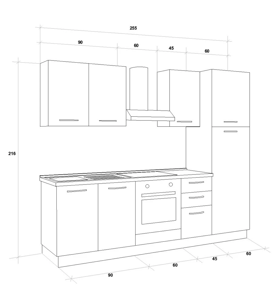 Composizione cucina completa ares con lavello a sinistra e piano cottura a gas, 255x60x216 cm