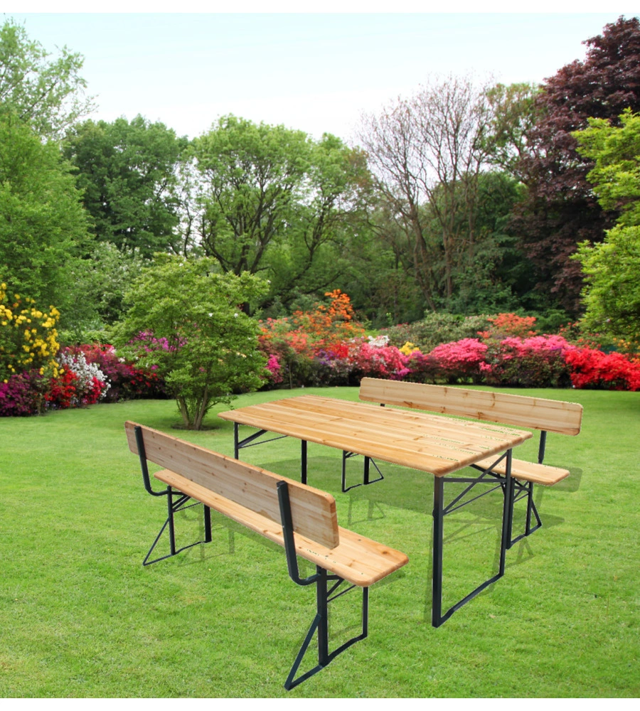 Set birreria da giardino euro garden pieghevole in legno e metallo con due panche con schienale e tavolo