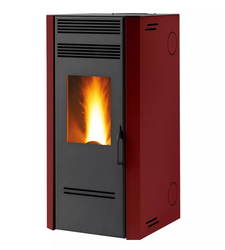 Stufa a pellet ventilata e canalizzata caris "bluma" bordeaux 7,1 kw