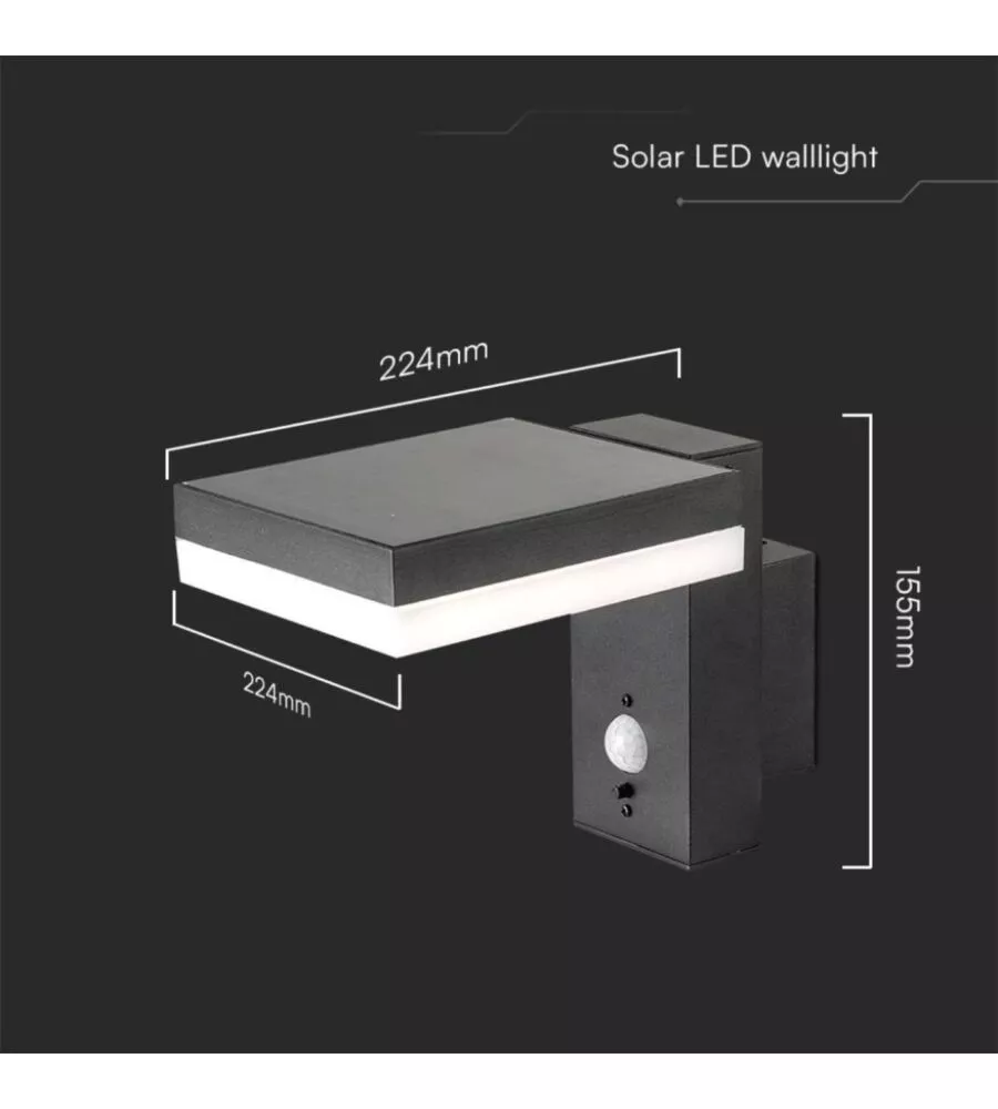 Applique solare rettangolare con sensore 3000k ip44, 22,9x13x15,5cm