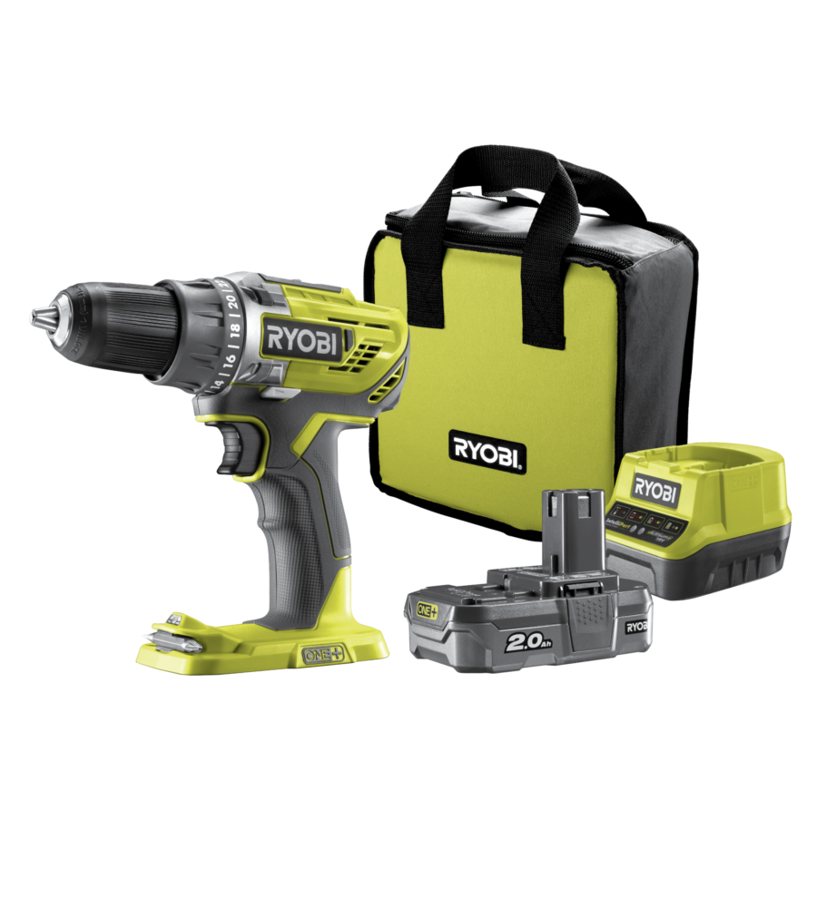 Trapano avvitatore ryobi "r18dd3-120s" con kit batteria litio 18 v 2.0 ah e sacca