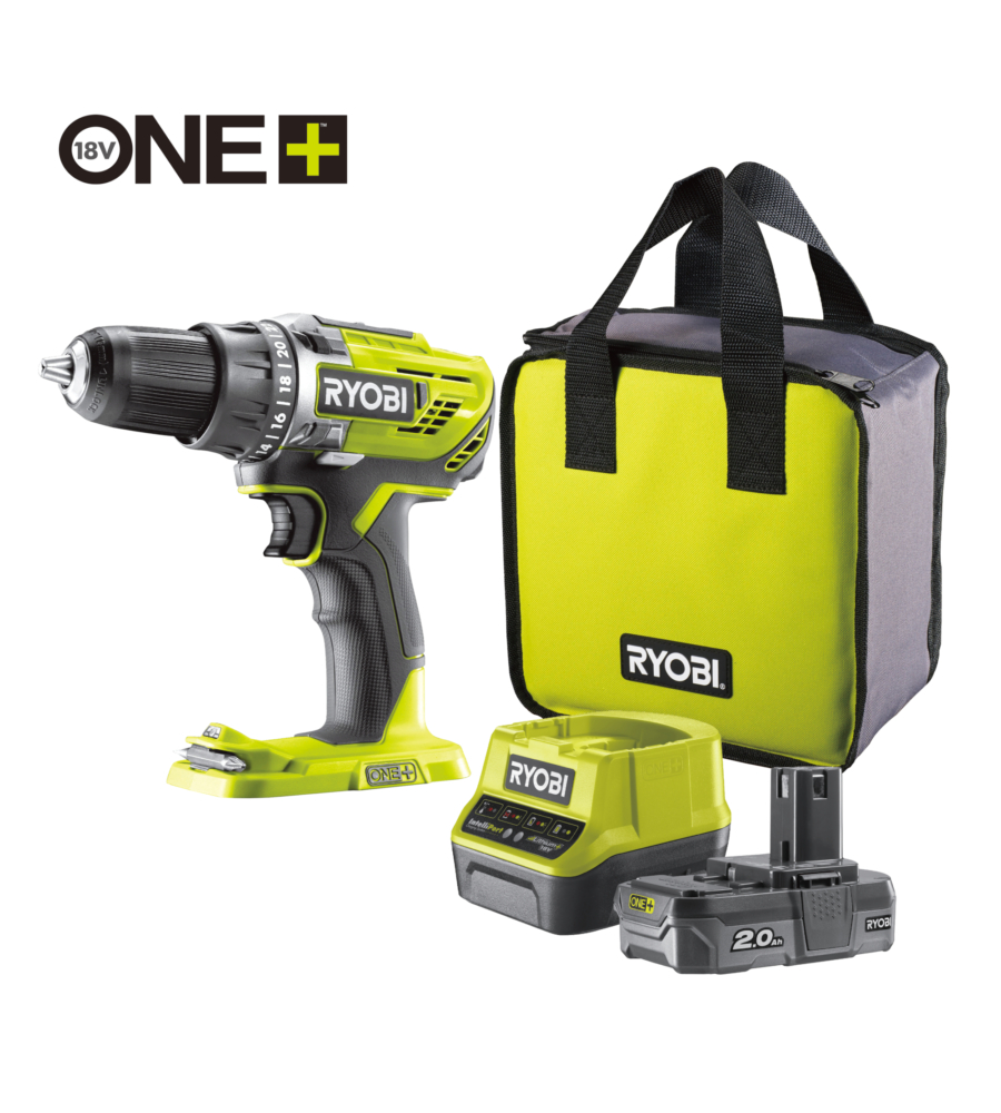 Trapano avvitatore ryobi "r18dd3-120s" con kit batteria litio 18 v 2.0 ah e sacca