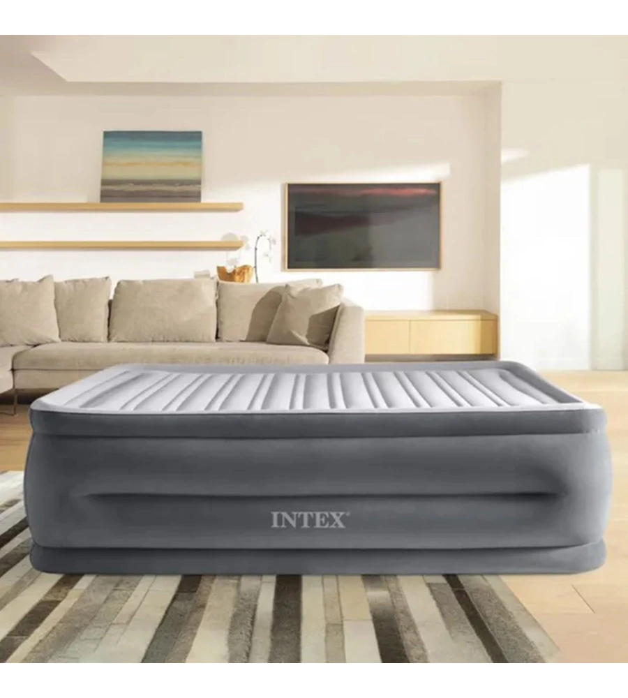 Materasso matrimoniale autogonfiante intex "airbed dura-beam comfort-plush high-rise" colore grigio chiaro e pompa integrata, 152x203x56 cm