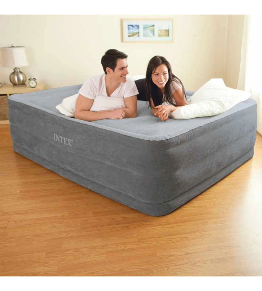 Materasso matrimoniale autogonfiante intex "airbed dura-beam comfort-plush high-rise" colore grigio chiaro e pompa integrata, 152x203x56 cm