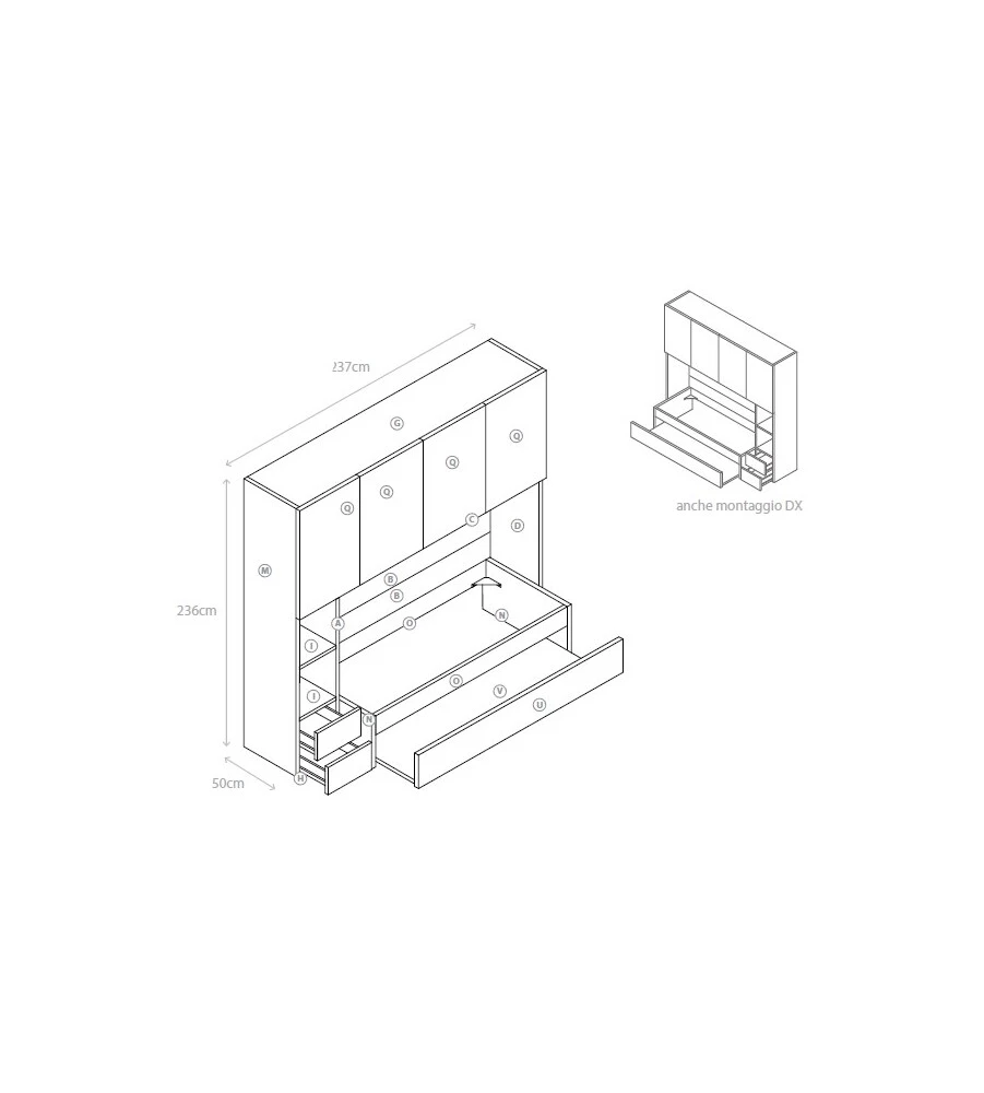 Camera ponte reversibile grigio tela, 237x50x236 cm