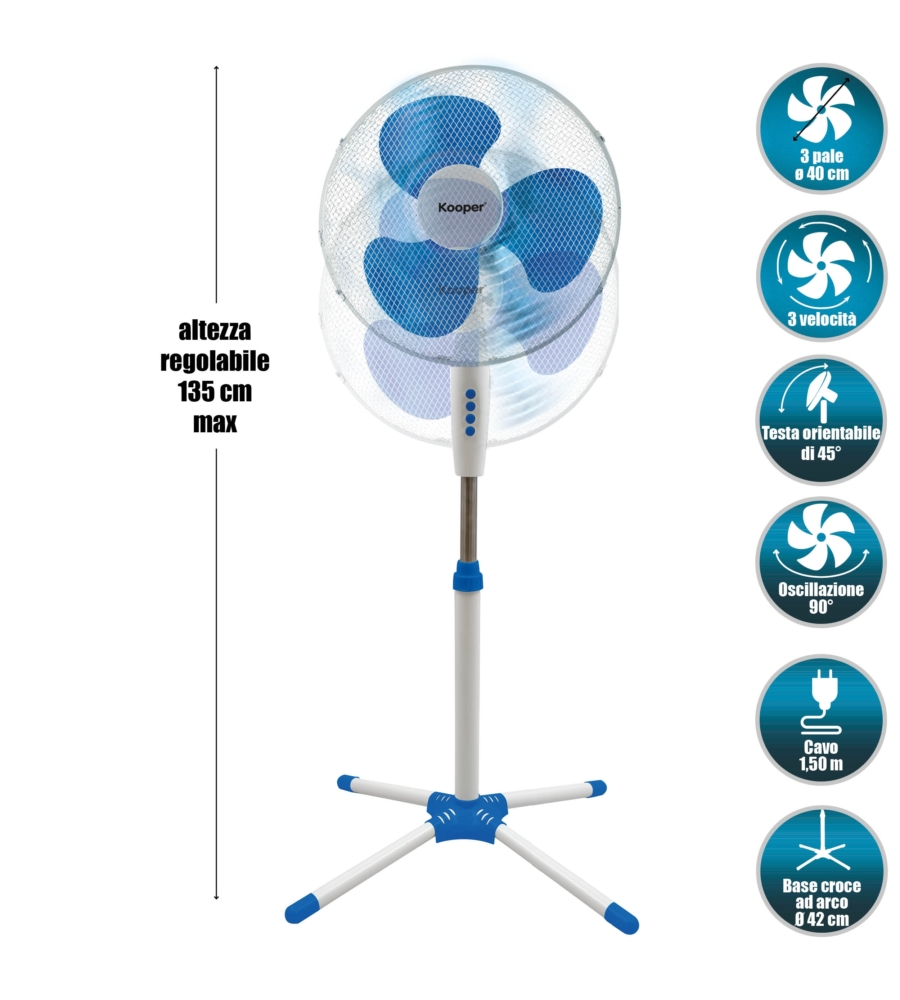 Ventilatore a piantana con 3 pale e 3 velocitÀ colore bianco e blu, 45 w