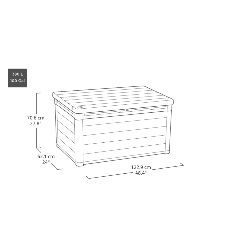 Baule da esterno keter "cortina 100g" in evotech+ effetto legno colore grafite con capacitÀ, 122,9x62,1x70,6 cm