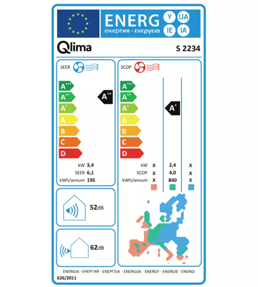 Climatizzatore a parete qlima pompa di calore "s 2234" unitÀ esterna ed interna, 3 funzioni in 1