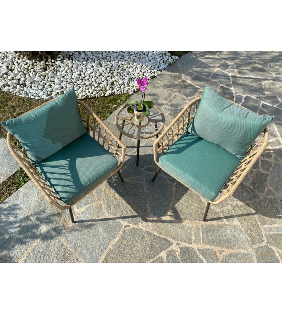 Set da giardino riviera "giunco" in acciaio e polyrattan, 2 sedute e un tavolino