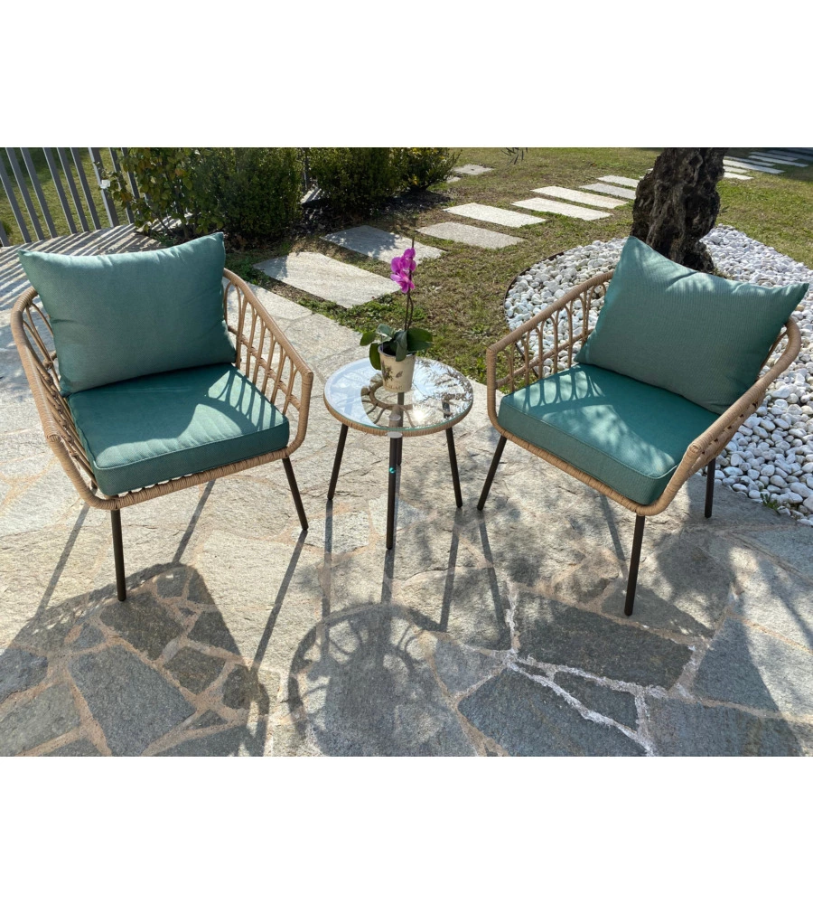 Set da giardino riviera "giunco" in acciaio e polyrattan, 2 sedute e un tavolino