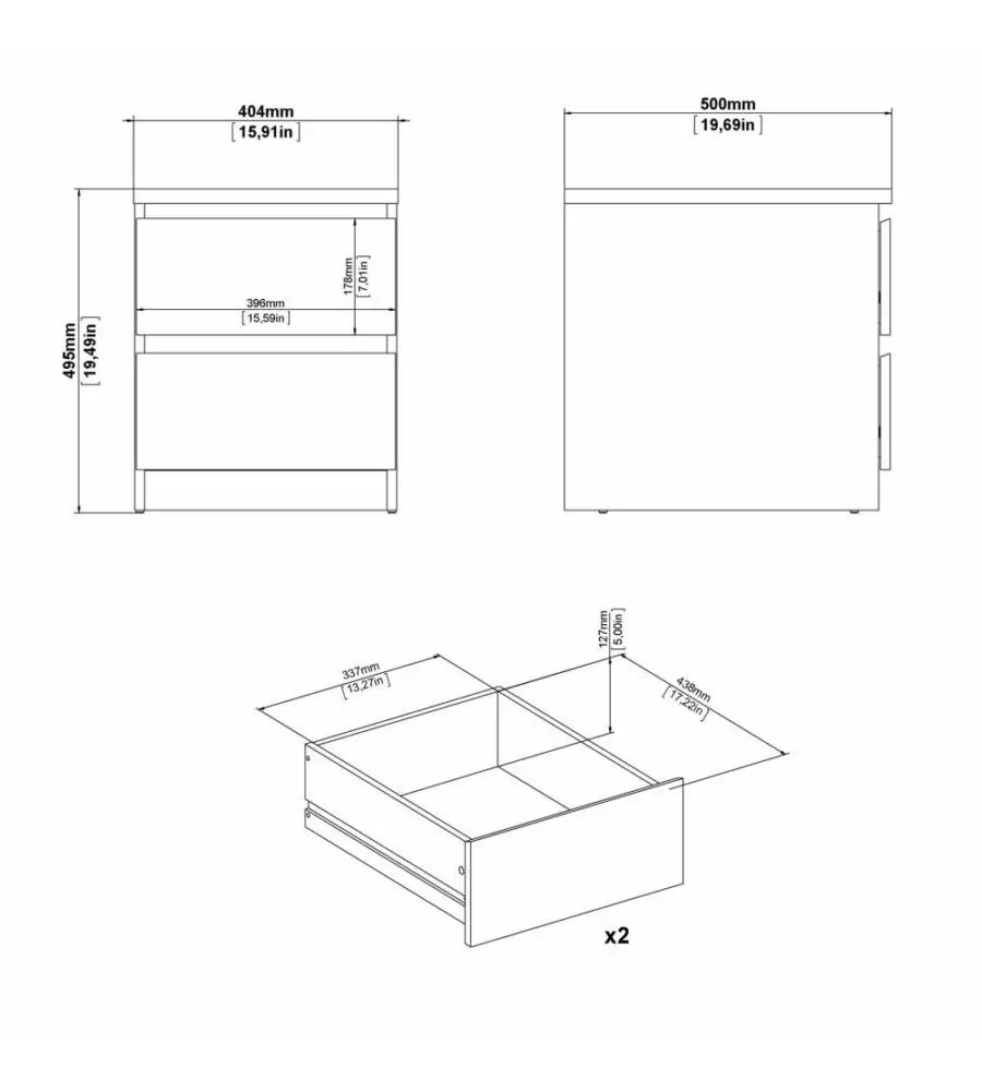 Comodino 'naia' con 2 cassetti colore legno, 40,4x50x49,5 cm