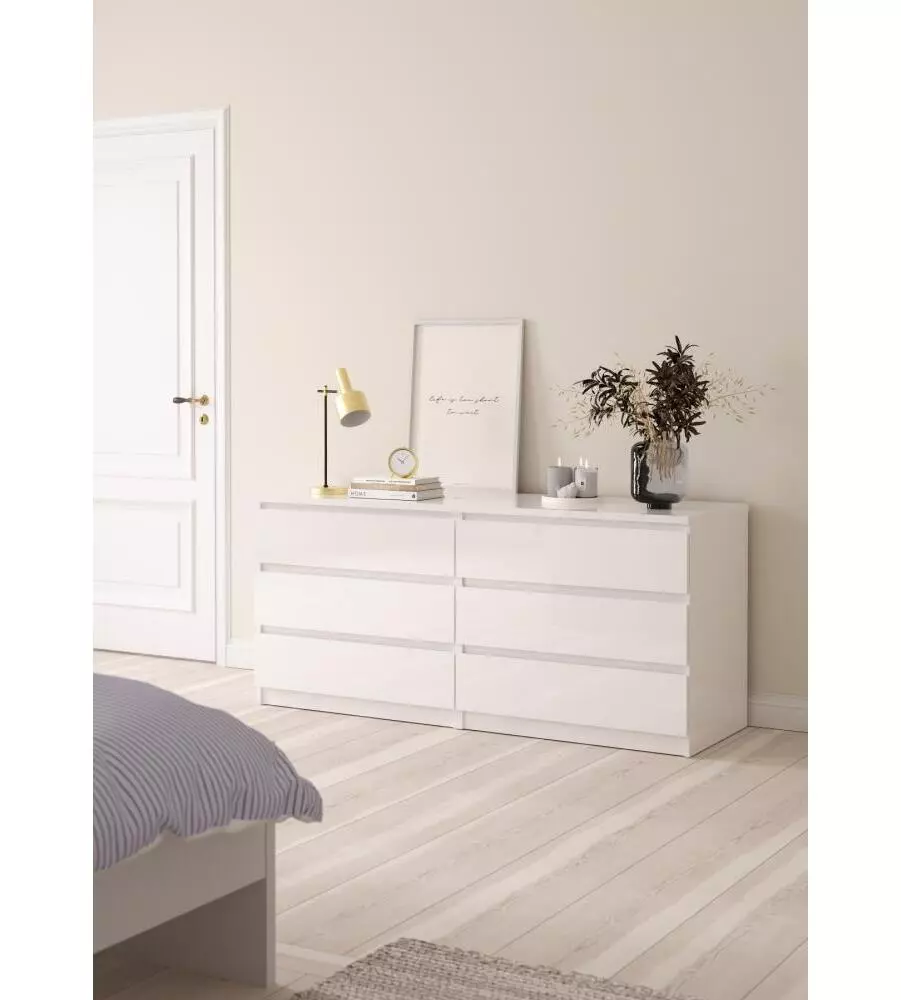 Cassettiera doppia "naia" con 6 cassetti colore bianco lucido, 153,8x50x70,1 cm