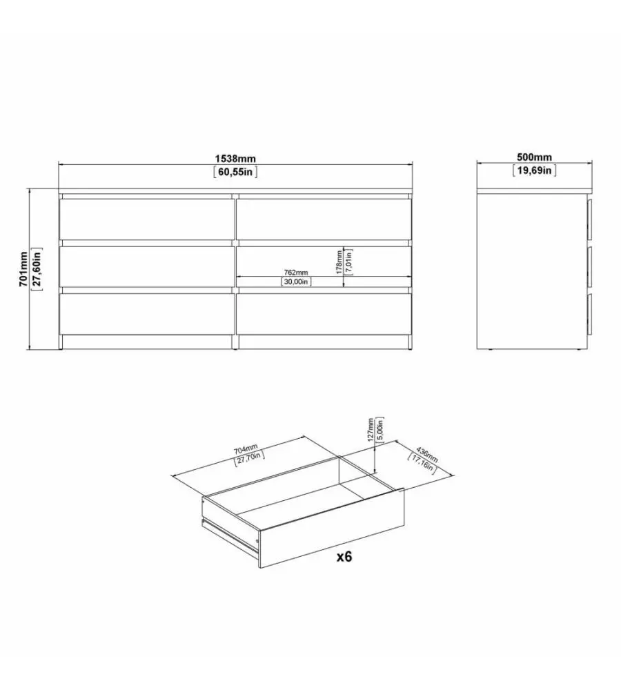 Cassettiera doppia 'naia' con 6 cassetti colore bianco lucido, 153,8x50x70,1 cm