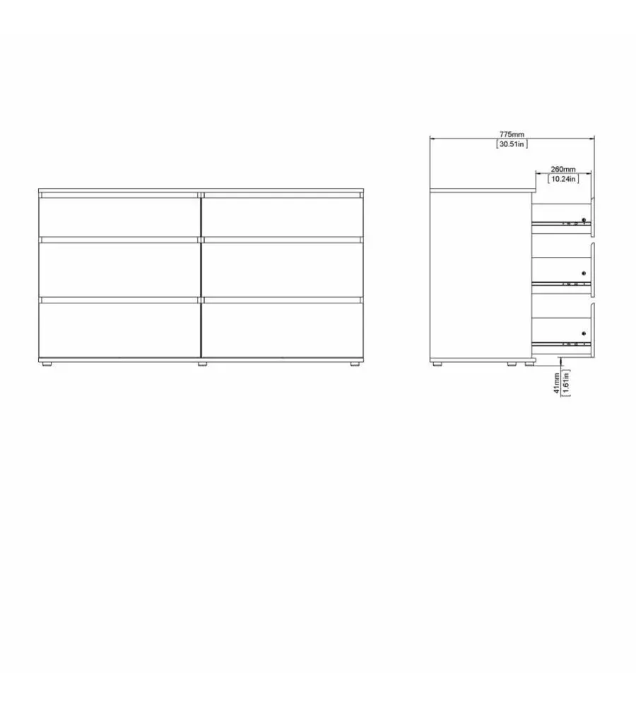 Cassettiera doppia "nova" con 6 cassetti colore bianco, 153,4x50x83,7 cm