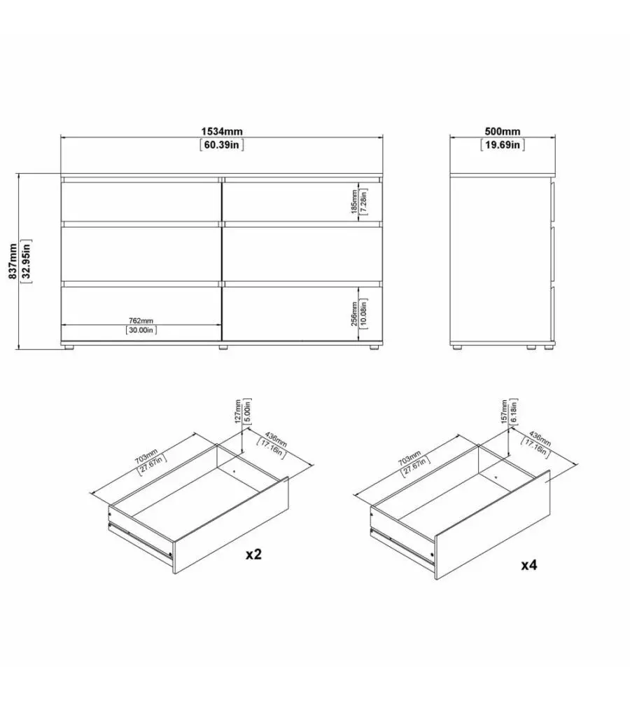 Cassettiera doppia "nova" con 6 cassetti colore bianco, 153,4x50x83,7 cm