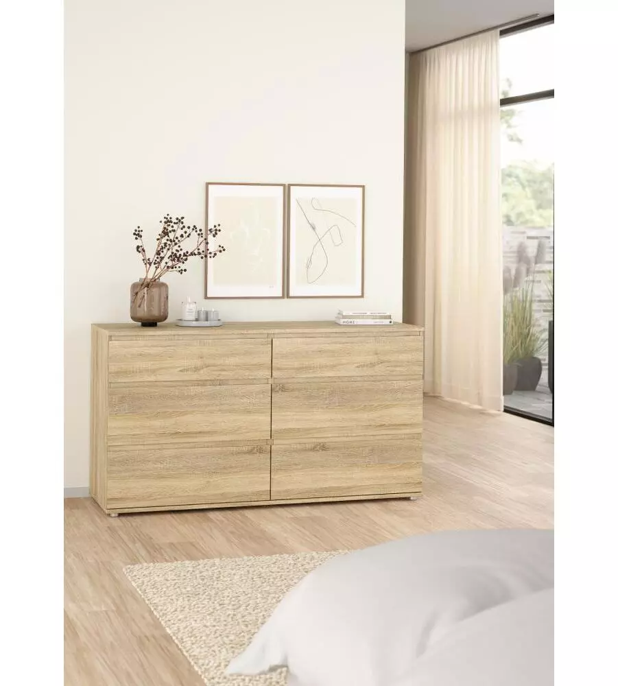 Cassettiera doppia "nova" con 6 cassetti colore rovere, 153,4x50x83,7 cm