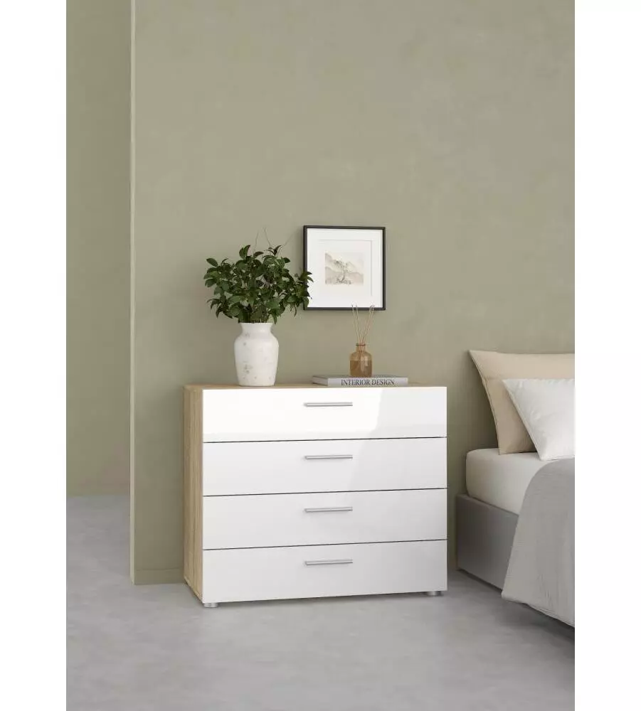 Cassettiera "pepe" con 4 cassetti colore rovere e bianco lucido, 80,2x40,2x68,1 cm