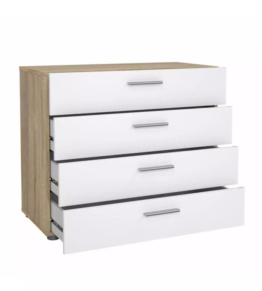 Cassettiera "pepe" con 4 cassetti colore rovere e bianco lucido, 80,2x40,2x68,1 cm