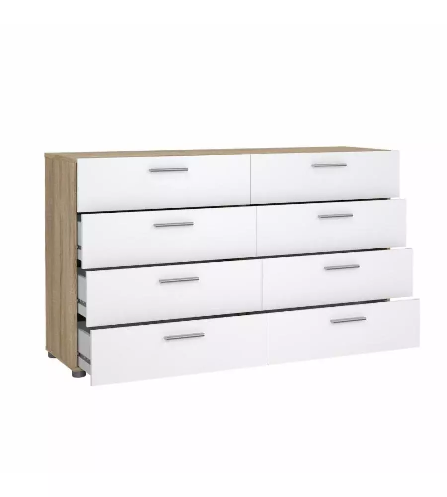 Cassettiera doppia "pepe" con 8 cassetti colore rovere e bianco lucido, 140x40x81,7 cm