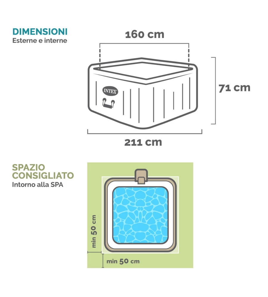 Piscina idromassaggio gonfiabile quadrata intex "greystone deluxe" 4 persone 173x173x71cm