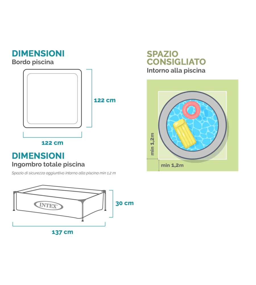 Piscina fuori terra quadrata intex "mini frame" colore celeste 122x122x30 cm