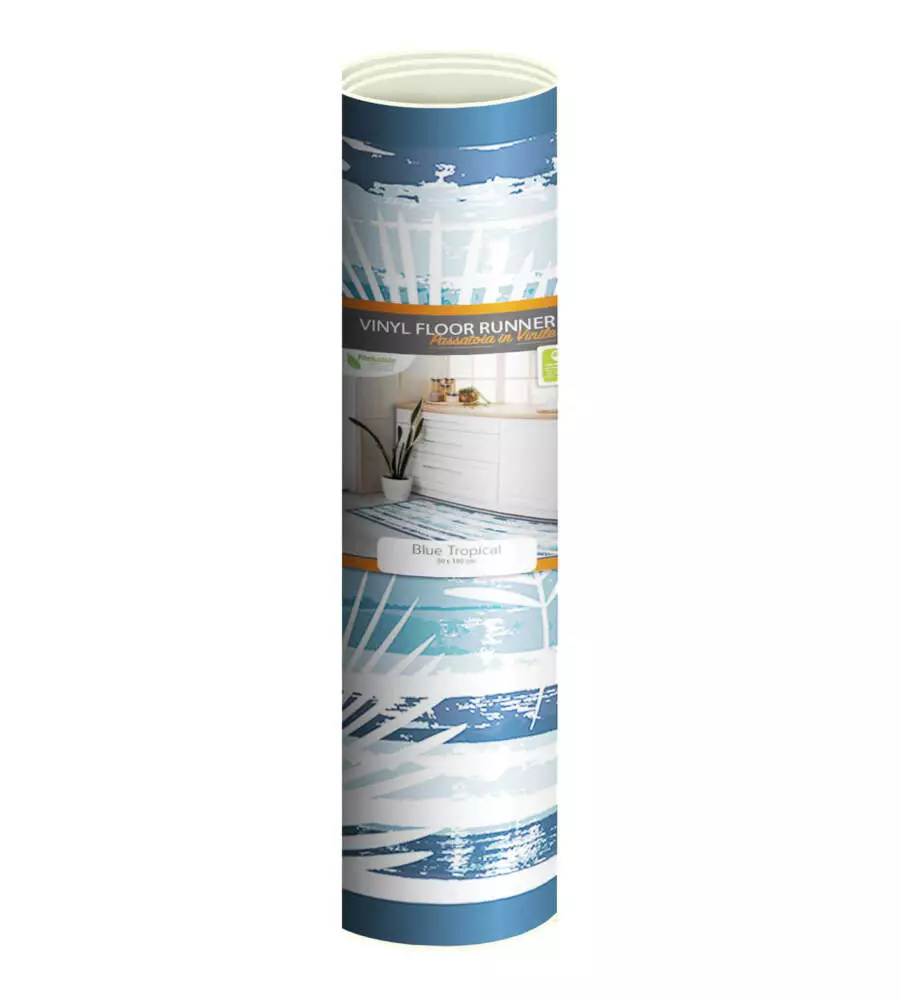 Passatoia in vinile "runner" fantasia "blue tropical", 180x50 cm