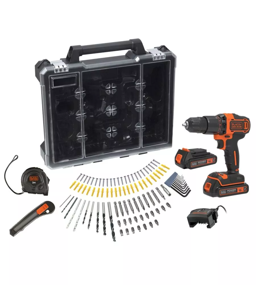 Trapano avvitatore a percussione black+decker "bcd700c2amb-qw" con valigetta, accessori e due batterie, 18v 1,5 ah