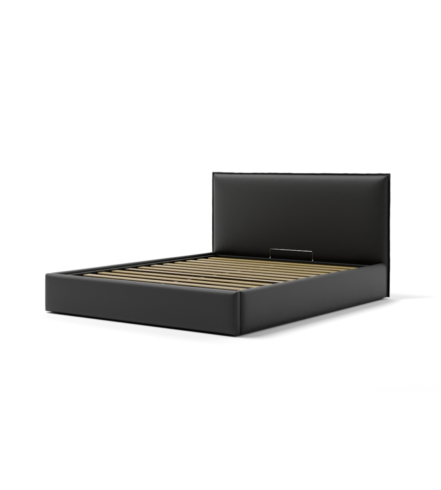 Letto matrimoniale "zoom" in ecopelle colore nero con rete e contenitore, 160x190 cm