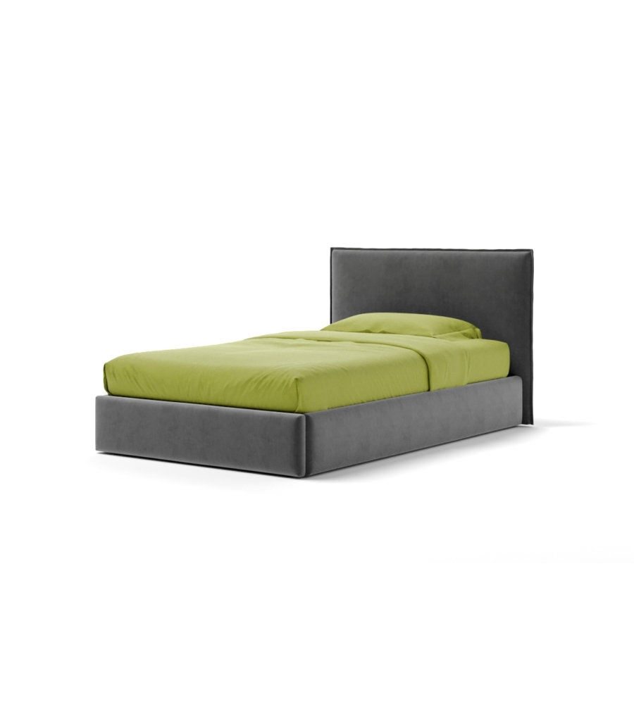 Letto una piazza e mezza "zoom" in tessuto colore grigio con rete e contenitore, 120x190