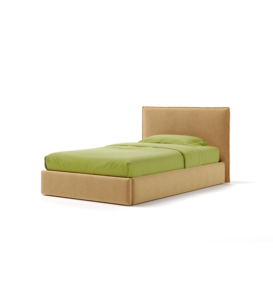 Letto una piazza e mezza "zoom" in tessuto colore arancione con rete e contenitore, 120x190 cm