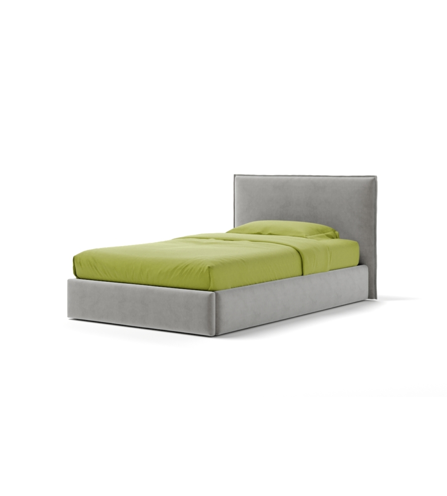 Letto una piazza e mezza "zoom" in tessuto colore perla con rete e contenitore, 120x190 cm