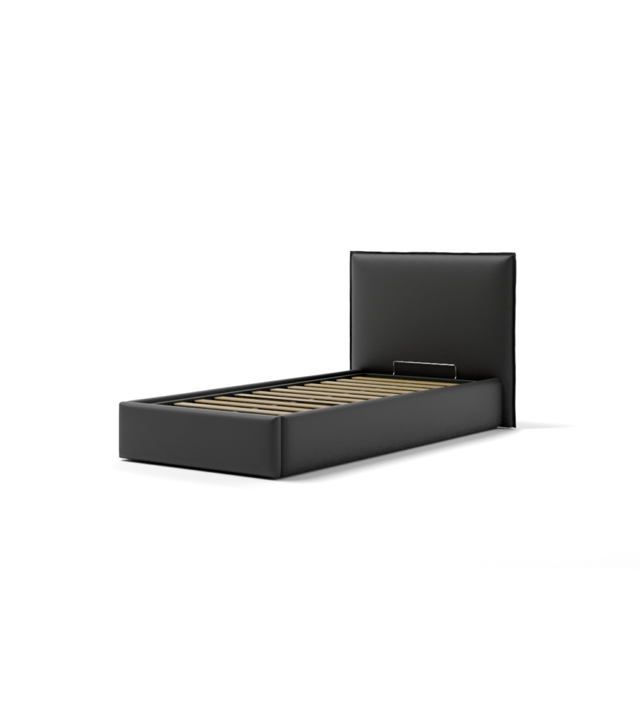 Letto singolo "zoom" in ecopelle colore nero con rete e contenitore, 90x190 cm