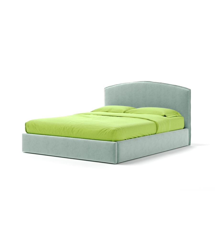 Letto matrimoniale "moon" in tessuto colore celeste con rete e contenitore, 160x190 cm