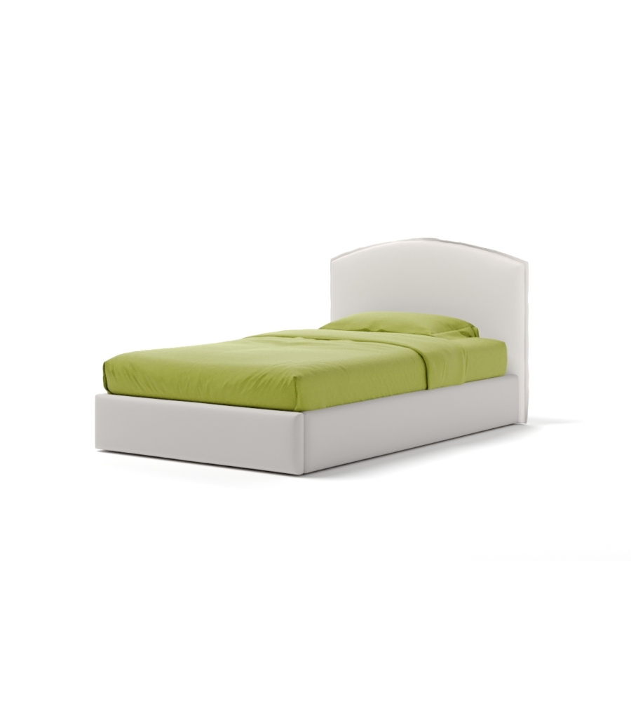 Letto una piazza e mezza "moon" in ecopelle colore bianco con rete e contenitore, 120x190 cm