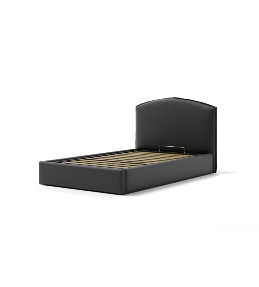 Letto una piazza e mezza "moon" in ecopelle colore nero con rete e contenitore, 120x190 cm