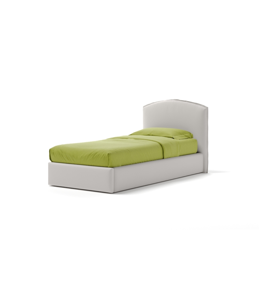 Letto singolo "moon" in ecopelle colore bianco con rete e contenitore, 90x190 cm