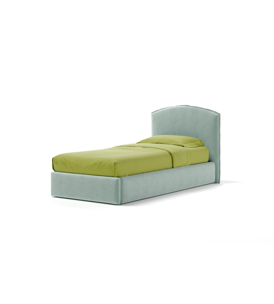 Letto singolo "moon" in tessuto colore celeste con rete e contenitore, 90x190 cm