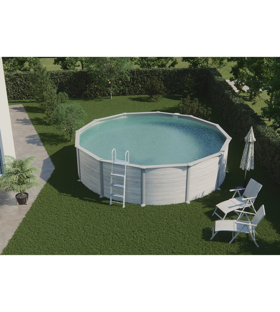 Piscina fuori terra rotonda gre "groenlandia" in acciaio effetto legno nordico 550x550x132 - cod. kitpr558n