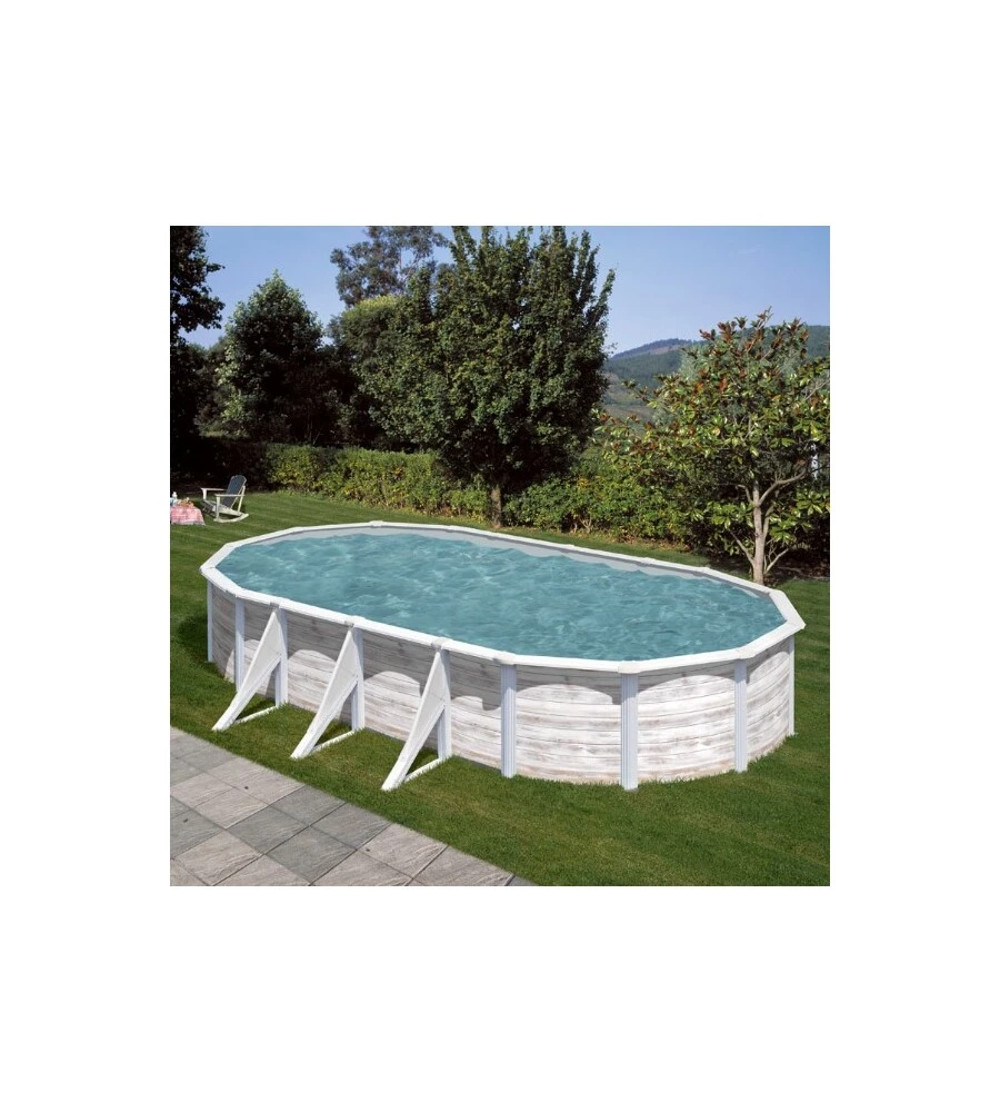 Piscina fuori terra ovale gre "finlandia" in acciaio effetto legno nordico 730x375x120 - cod. kit730n