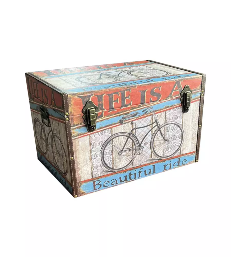 Baule in legno vintage bellahome rivestito in ecopelle fantasia route 66 grande 69x40x44 cm